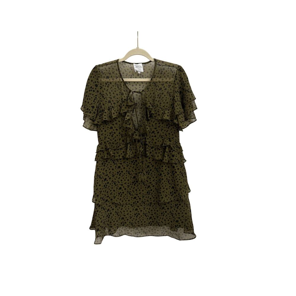 Misa Los Angeles Olive Dotted Chiffon Tiered Ruffled Feminine Mini Dress Size XS
